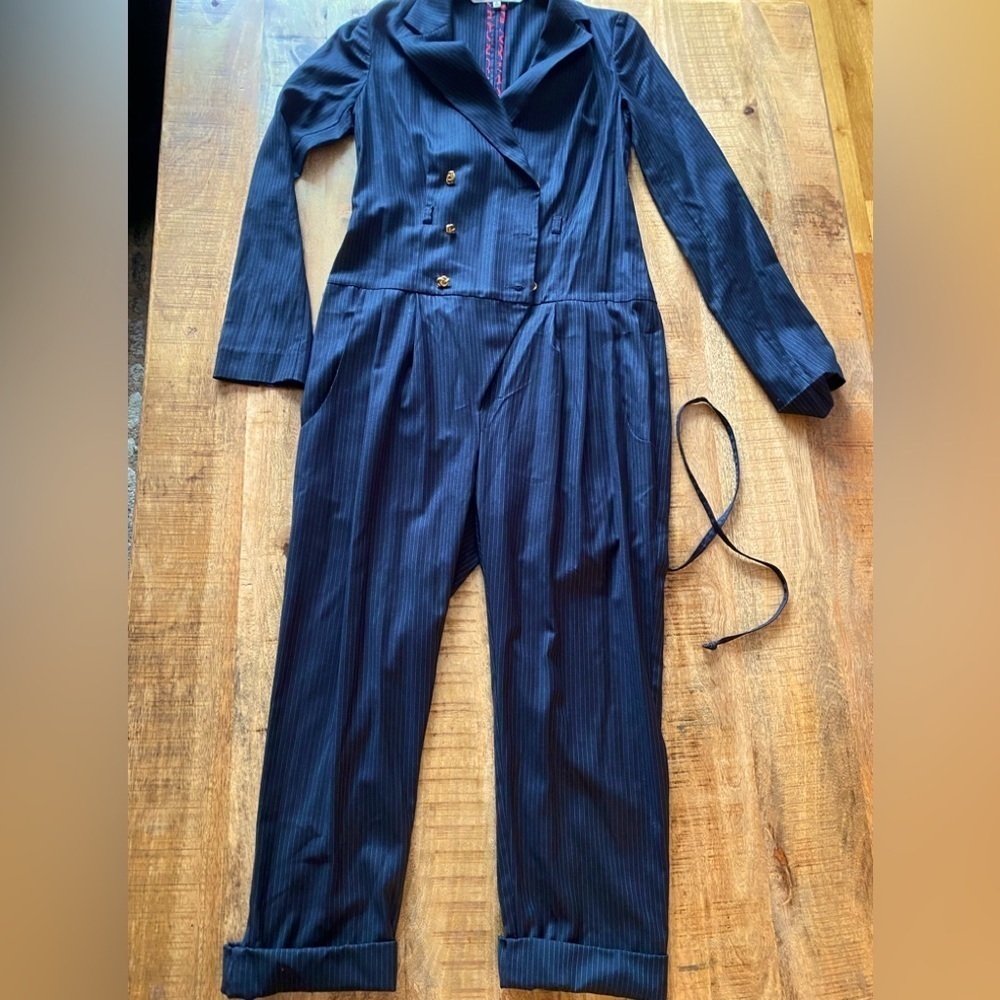 Rachel Roy jumpsuit navy blue pinstripe size 0 double breasted with belt NWOT